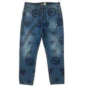 Love Moschino Women Sz 30 Blue Peace Heart Signs print Straight Leg HiRise Jeans
